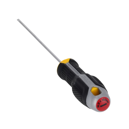 STANLEY FMHT65712-0 slotted screwdriver with black and yellow handle, angled view on white background.