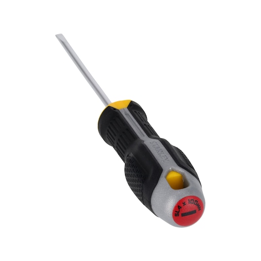 STANLEY FMHT65716-0 slotted screwdriver, black and yellow handle, angled view on white background.