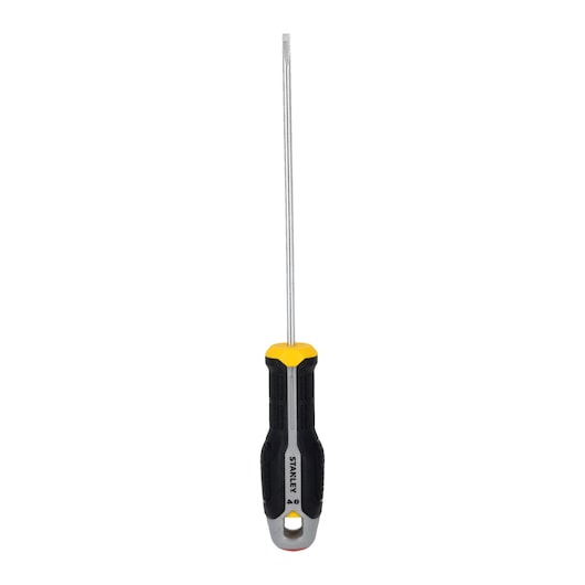 STANLEY FMHT65717-0 flathead screwdriver with black and yellow handle, front angle, white background.
