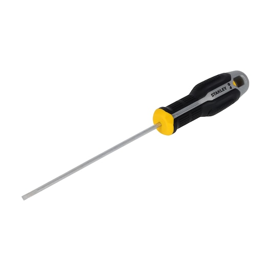Photo of STANLEY FMHT65717-0 screwdriver with long square blade and black and yellow handle, angled on white background.