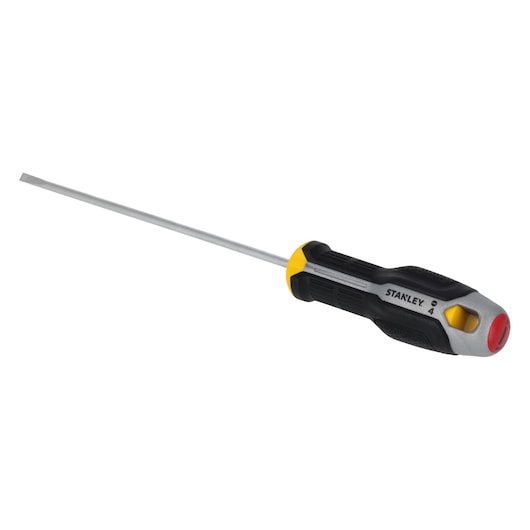 STANLEY FMHT65717-0 screwdriver with black and yellow handle and long flat blade, angled on white background.