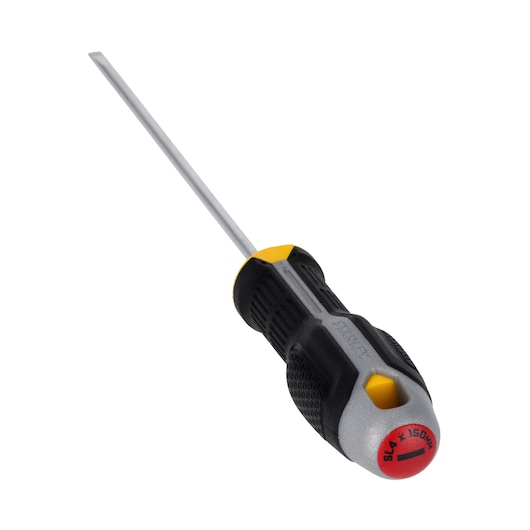 STANLEY FMHT65717-0 slotted screwdriver with black and yellow handle, angled view on white background.