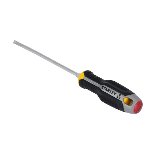 STANLEY FMHT65718-0 slotted screwdriver with black and yellow ergonomic handle, side angle, white background.