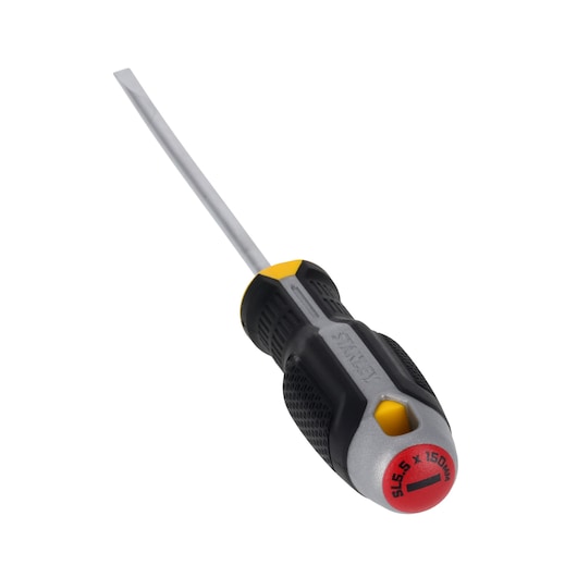 STANLEY FMHT65718-0 slotted screwdriver with black and yellow bi-material handle, angled on white background.