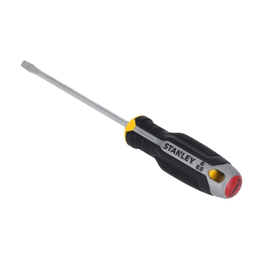STANLEY FMHT65721-0 slotted screwdriver with black and yellow handle, side angle on white background.