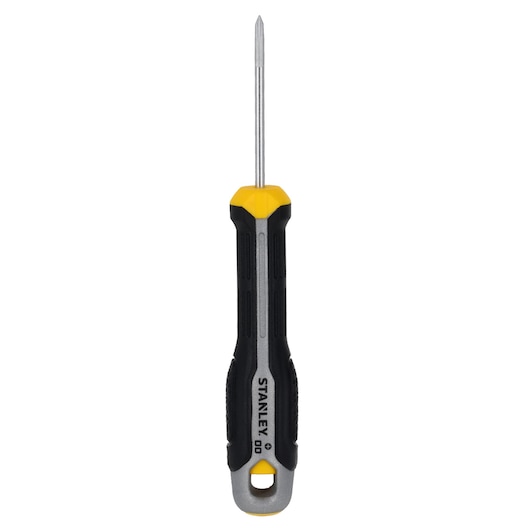 STANLEY FMHT65723-0 Phillips screwdriver with black and yellow handle, top view on white background.