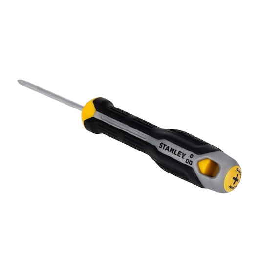 STANLEY FMHT65723-0 Phillips screwdriver with black and yellow ergonomic handle, side angle, on white background.