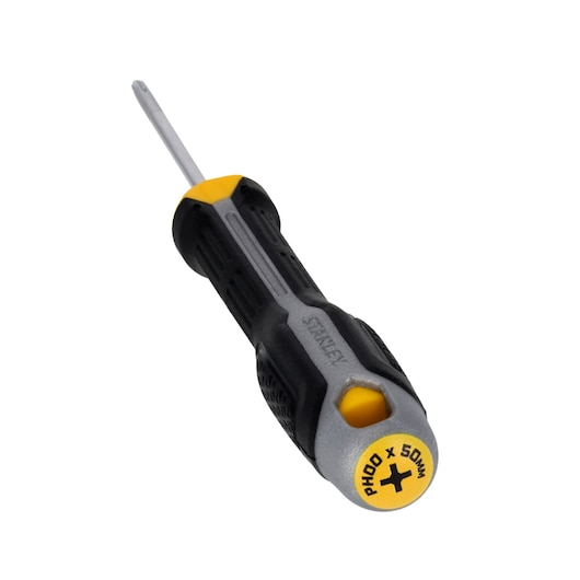 STANLEY FMHT65723-0 Phillips screwdriver with black and yellow handle, shown at an angle on white background.