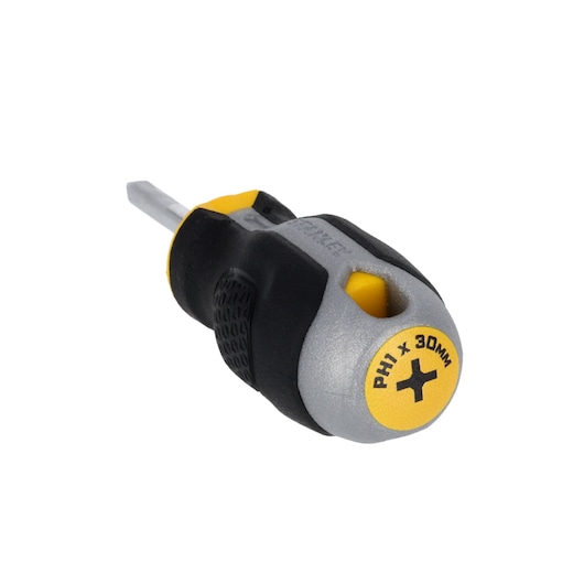 STANLEY FMHT65724-0 stubby Phillips screwdriver, PH1 x 30 mm, black and yellow, angled view on white background.