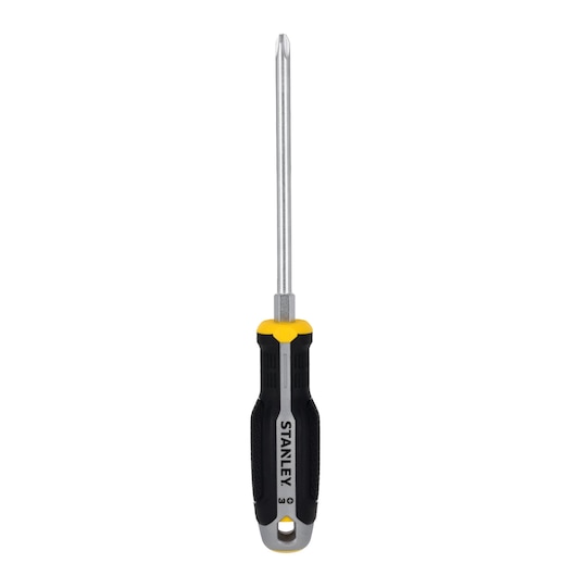 STANLEY FMHT65729-0 Phillips screwdriver with black and yellow handle, front angle on white background.