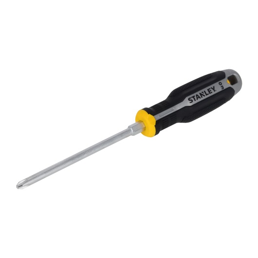 STANLEY FMHT65729-0 Phillips screwdriver with black and yellow handle, side angle on white background.