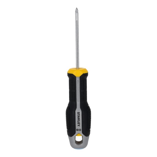 STANLEY FMHT65731-0 Phillips screwdriver with black and yellow ergonomic handle, front angle on white background.