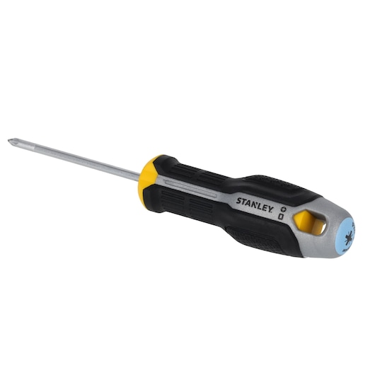 STANLEY FMHT65731-0 Phillips screwdriver with black and yellow ergonomic handle, side angle on white background.