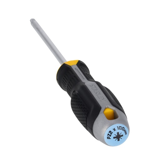 STANLEY FMHT65735-0 screwdriver with black and yellow handle, Pozidriv PZ2 tip, angled view on white background.