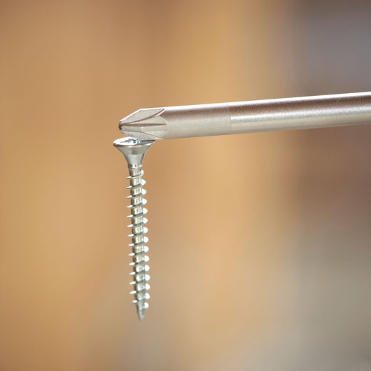 A close-up of a screwdriver tip holding a silver screw vertically on a blurred background.