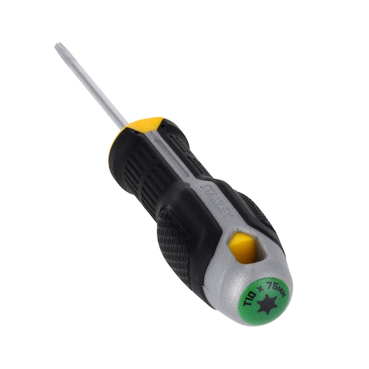 STANLEY FMHT65738-0 Torx screwdriver with black and yellow ergonomic handle, shown at an angle on white background.