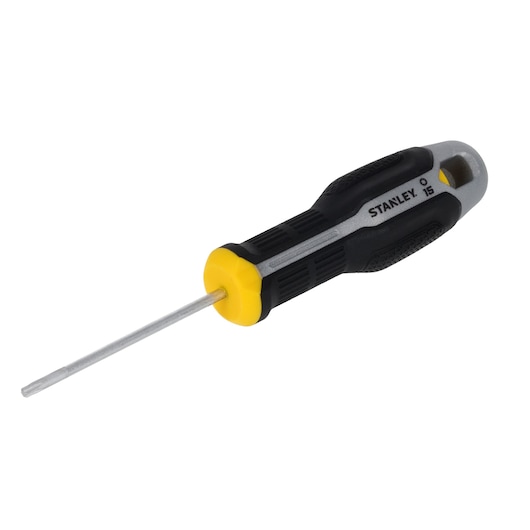 STANLEY FMHT65739-0 screwdriver with black, yellow, and silver handle, photo at an angled view on white background.
