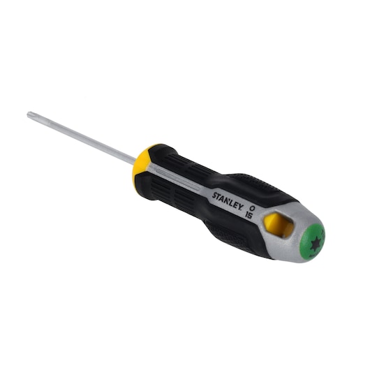 STANLEY FMHT65739-0 Torx screwdriver with black and yellow ergonomic handle, angled view on white background.
