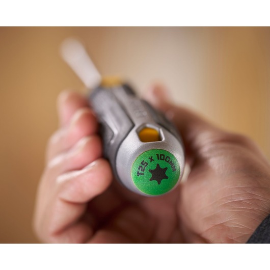Hand holding a STANLEY T25 x 100mm screwdriver with a green end and ergonomic grip.