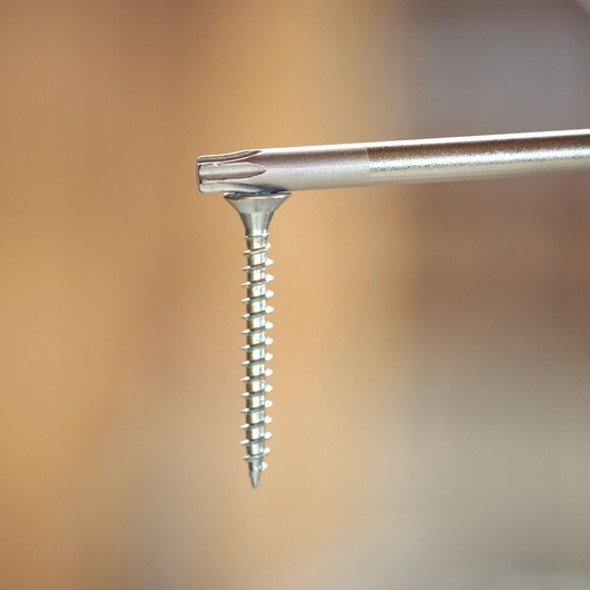 Close-up of a screwdriver bit inserted in a metal screw with a blurred background.