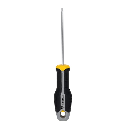 STANLEY FMHT65746-0 Phillips screwdriver with black and yellow handle, front view on white background.