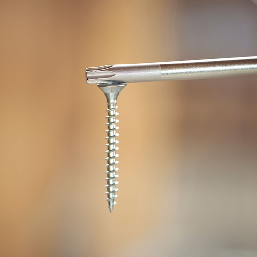 Close-up of a screwdriver bit and a metal screw against a blurred background.