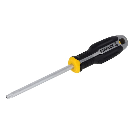 STANLEY FMHT65749-0 Torx screwdriver with black and yellow handle, angled side view on white background.
