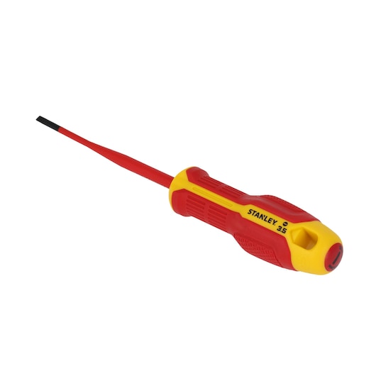 STANLEY FMHT65751-0 insulated slotted screwdriver, red and yellow handle, flat blade, product side angle, white background.
