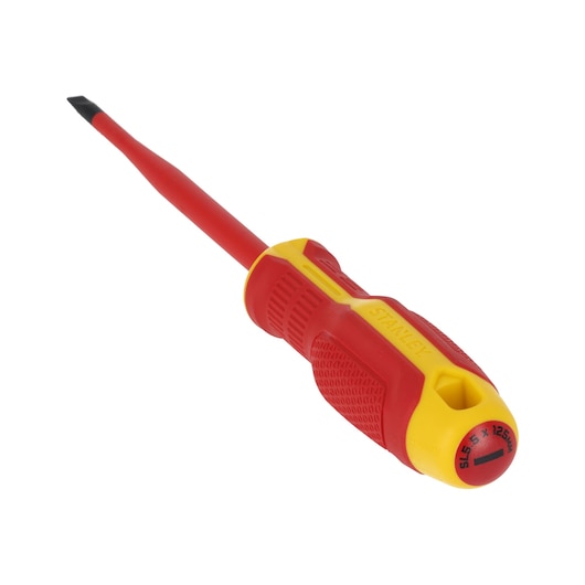 STANLEY FMHT65753-0 insulated slotted screwdriver, red and yellow handle, angled product view.