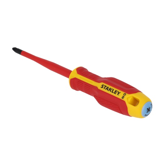 STANLEY FMHT65759-0 insulated Phillips screwdriver, red and yellow, front angle on white background.