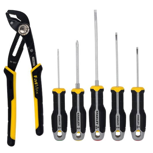 STANLEY FMHT65766-0 tool set with one black and yellow slip joint plier and five screwdrivers, front angle on white.