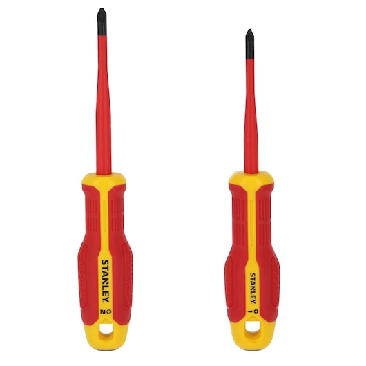 STANLEY FMHT65768-0 insulated Phillips screwdriver set with red and yellow handles, front angle, white background.