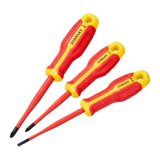Set of three insulated screwdrivers with red and yellow handles, branded STANLEY. The screwdrivers include two Phillips heads and one flathead, designed for electrical work.