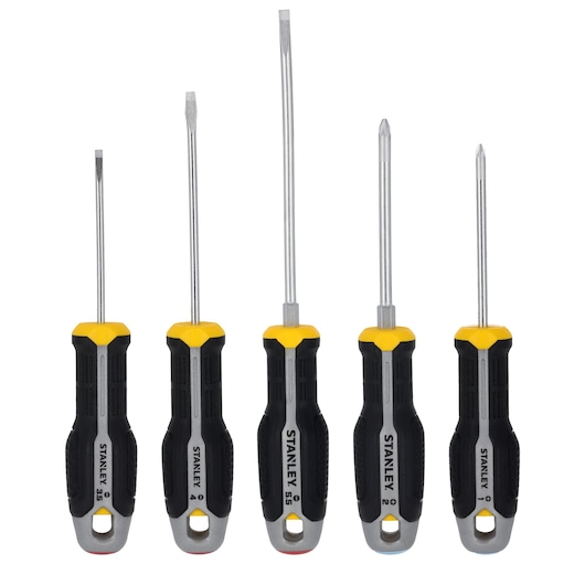 Photo of STANLEY FMHT65772-0 screwdriver set with five screwdrivers, black and yellow handles, front view on white background.