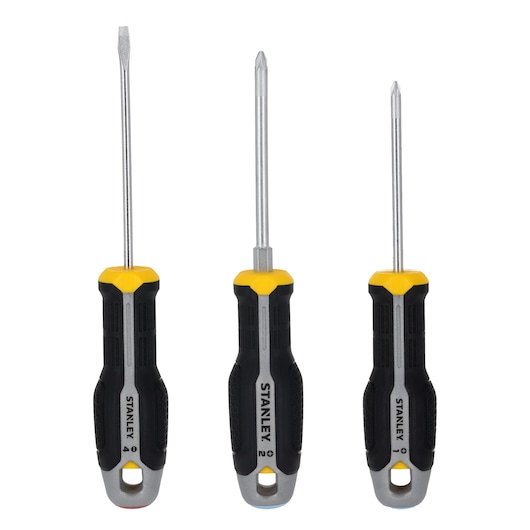 STANLEY FMHT65773-0 screwdriver set, three black and yellow screwdrivers, front view, white background.