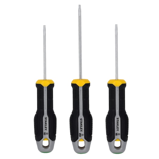 STANLEY FMHT65774-0 screwdriver set, three black and yellow handle screwdrivers, front angle, white background.