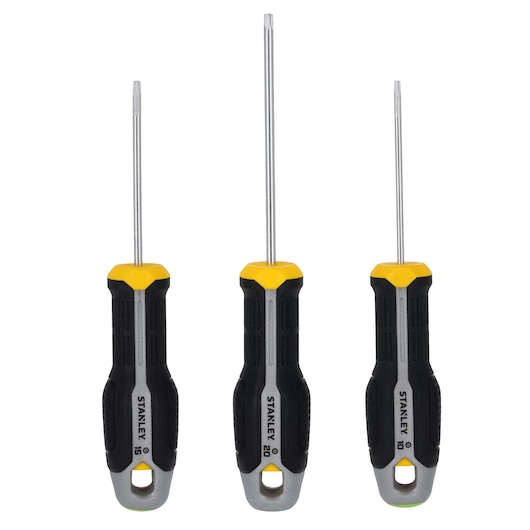 STANLEY FMHT65775-0 screwdriver set with three black and yellow handles, front view on white background.