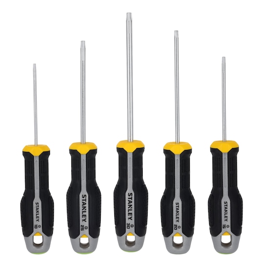 STANLEY FMHT65776-0 five-piece Torx screwdriver set with black and yellow ergonomic handles, front view on white background.