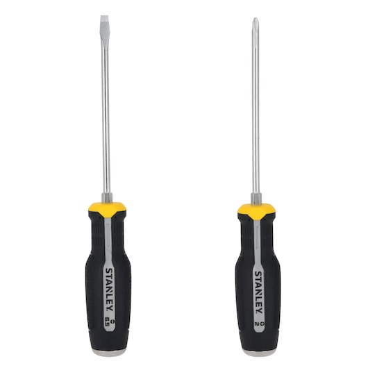 STANLEY FMHT65779-0 screwdriver set with black and yellow handles, flathead and Phillips, front view, white background.