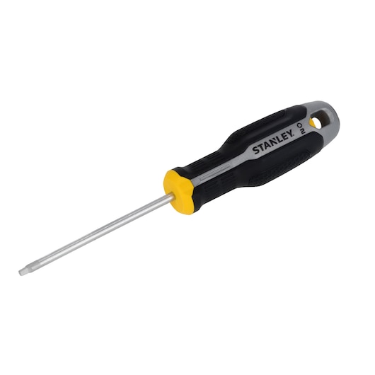 STANLEY FMHT65785-0 screwdriver with black and yellow ergonomic handle, side angle, white background.