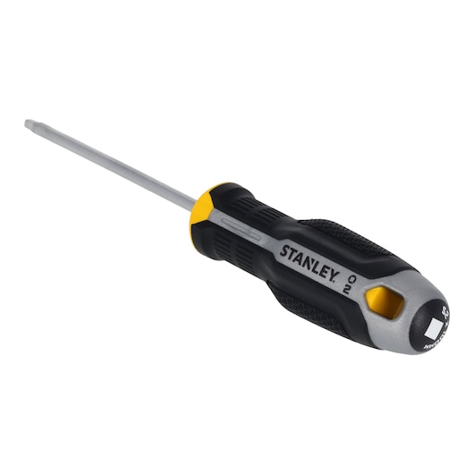 STANLEY FMHT65785-0 Phillips screwdriver with black and yellow handle, angled view on white background.