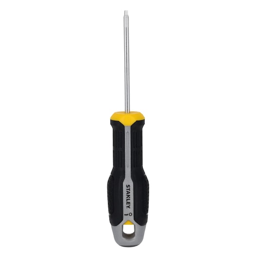 A STANLEY screwdriver with a black and yellow handle and a silver shaft, shown vertically with the tip pointing upwards.