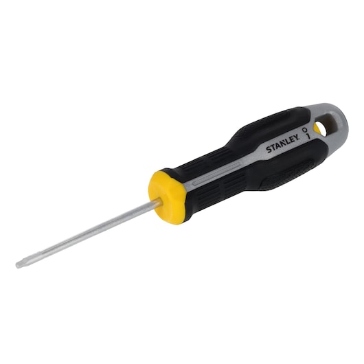 A STANLEY screwdriver with a black and yellow ergonomic handle and a metal shaft, shown on a white background.
