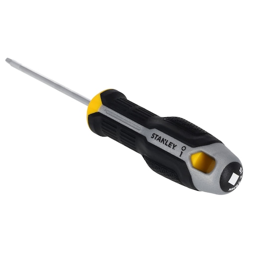 A STANLEY brand screwdriver with a black, gray, and yellow ergonomic handle and a flat-head tip.