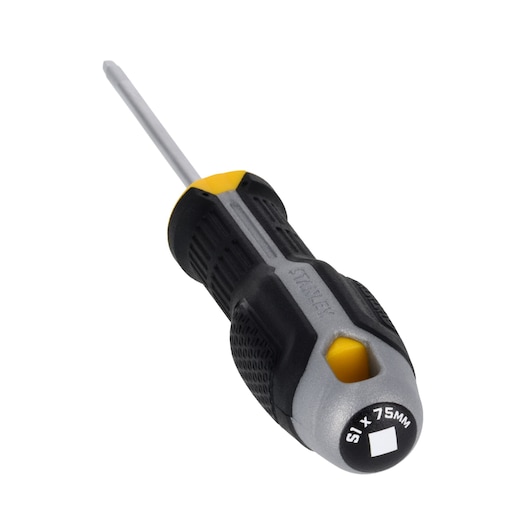 STANLEY branded square tip screwdriver with black, grey, and yellow handle, shown on a white background. Size marking of 5 x 75 mm is visible on the handle end.