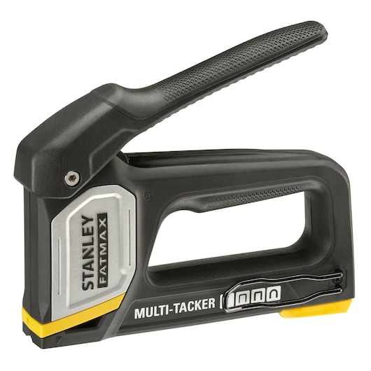 Photo of STANLEY FMHT70401-0 multi-tacker stapler, black and silver, side angle, ergonomic handle.
