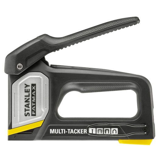 STANLEY FMHT70401-0 hand staple gun, black and silver, left side view, labeled FATMAX and MULTI-TACKER.