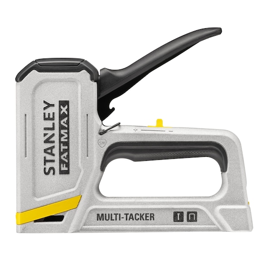 STANLEY FMHT70443-0 manual multi-tacker side view, silver and black with yellow accents, labeled FATMAX.