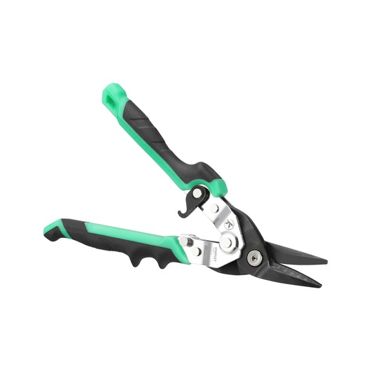 Stanley green and black aviation snips with ergonomic handles and metal blades on a white background.