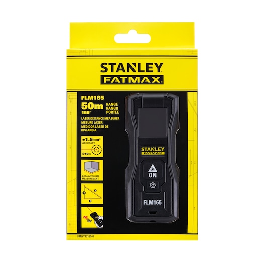 STANLEY FMHT77165-0 laser distance measurer in black and yellow packaging, front angle.